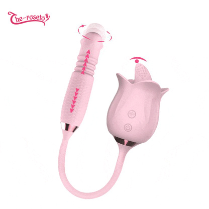 Lurevibe - 3-in-1 Blooming Sexy Pink Rose Toy Rotating Pearls Telescopic Tongue-licking Vibrator